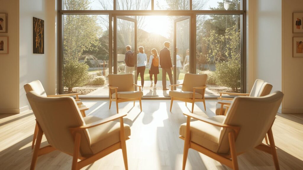 ein Raum mit 2 Stühlen und Menschen, die sich hinter dem Ausgang befinden